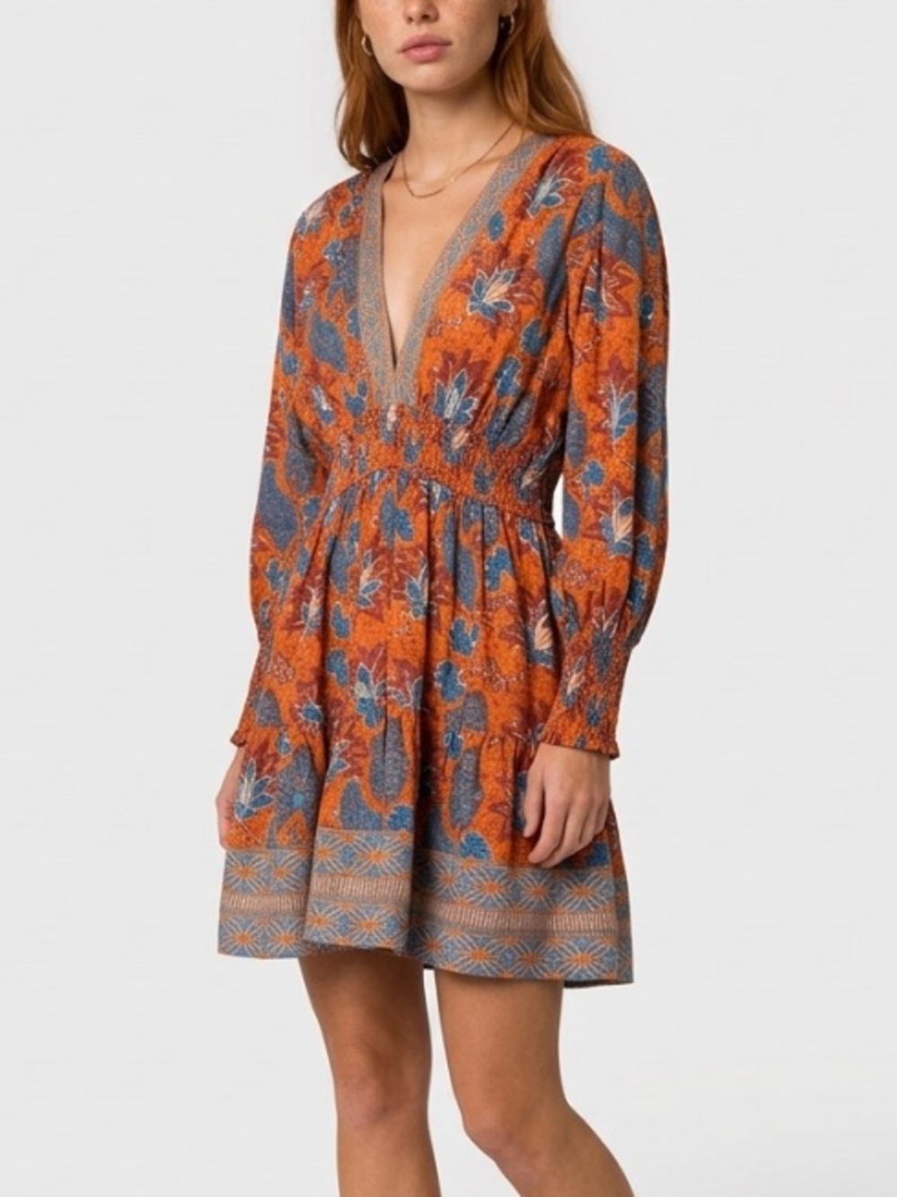 Bindu Floral V-Neck Smocked Waist Tiered Boho Mini Dress Sz L